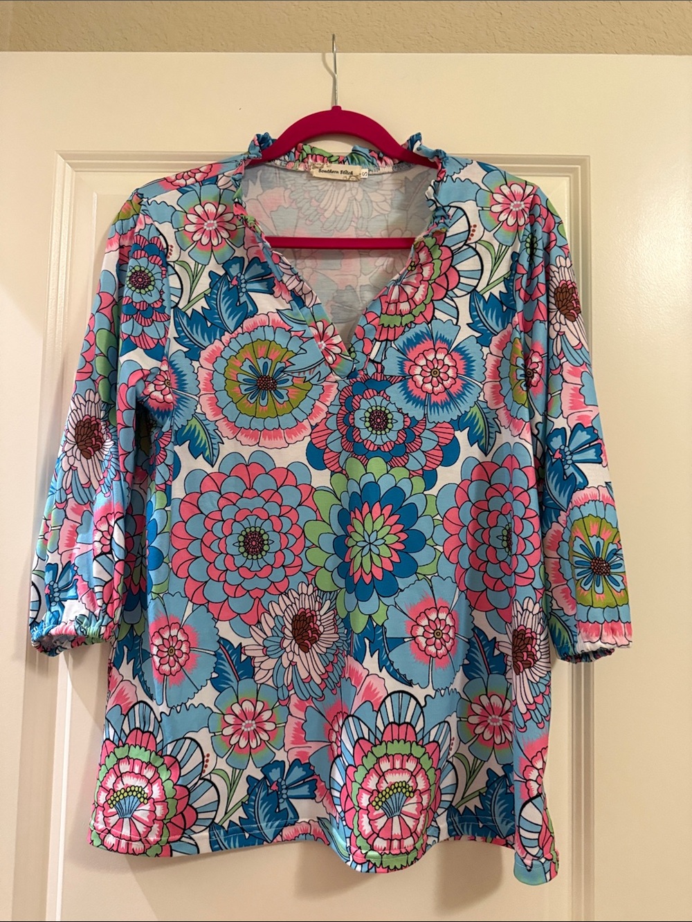 Southern Stitch Floral V-Neck Blouse in Blue and Pink